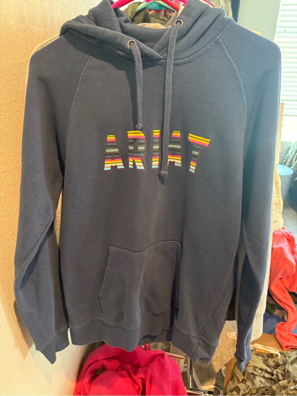 SZ M Ariat Navy Hoodie with Rainbow Stripe Logo